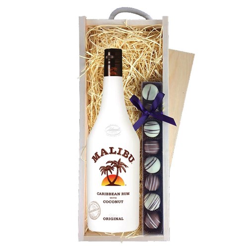 Malibu Caribbean Rum & Heart Truffles, Wooden Box